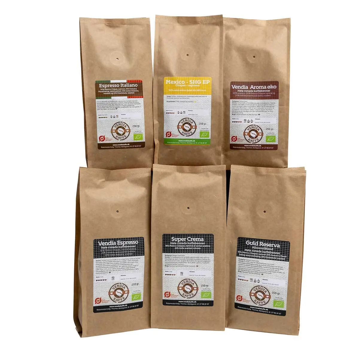 Vendiakaffe - Friskristet espressotasterpakke 6 x 250gr. Alle økologiske,