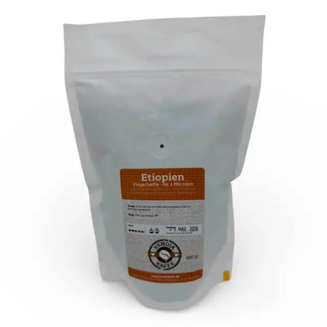 Vendiakaffe - Etiopien Yirgacheffe gr. 1 Microlot - Floral, sød og ren kaffe med komplekse
noter af, blomster og karamel.